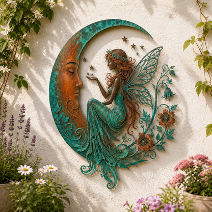 🌙Vægdekoration »Enchanted Moon Garden« – Vintage-inspireret metalvægdekoration med naturmotiver