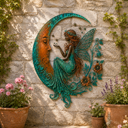 🌙Vægdekoration »Enchanted Moon Garden« – Vintage-inspireret metalvægdekoration med naturmotiver