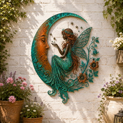 🌙Vægdekoration »Enchanted Moon Garden« – Vintage-inspireret metalvægdekoration med naturmotiver
