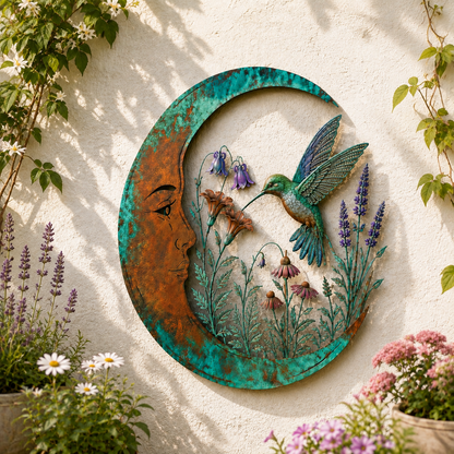 🌙Vægdekoration »Enchanted Moon Garden« – Vintage-inspireret metalvægdekoration med naturmotiver