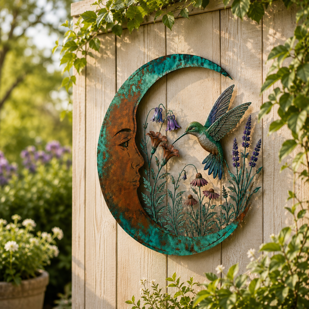 🌙Vægdekoration »Enchanted Moon Garden« – Vintage-inspireret metalvægdekoration med naturmotiver