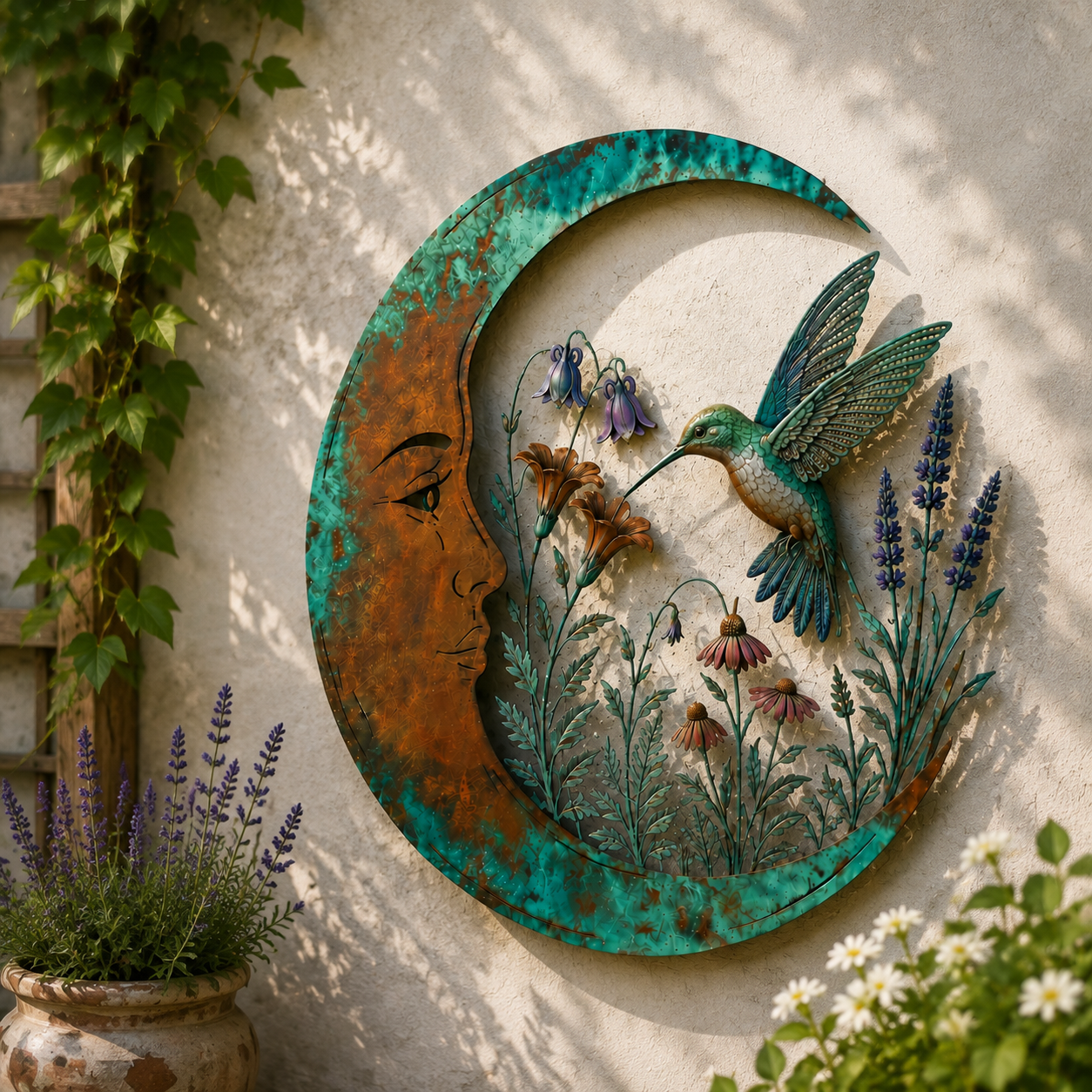 🌙Vægdekoration »Enchanted Moon Garden« – Vintage-inspireret metalvægdekoration med naturmotiver
