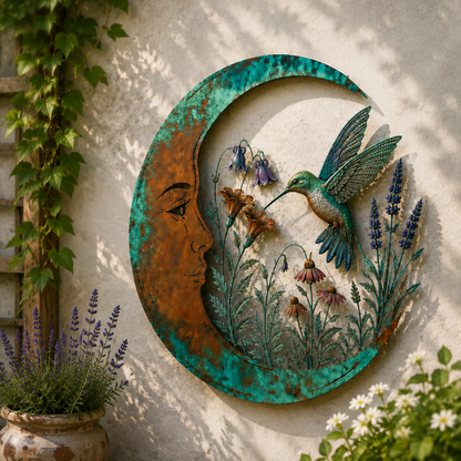 🌙Vægdekoration »Enchanted Moon Garden« – Vintage-inspireret metalvægdekoration med naturmotiver