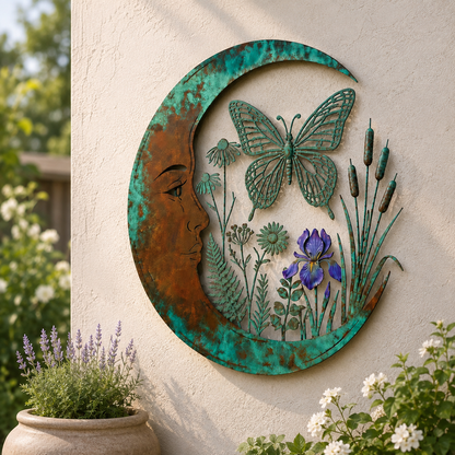 🌙Vægdekoration »Enchanted Moon Garden« – Vintage-inspireret metalvægdekoration med naturmotiver