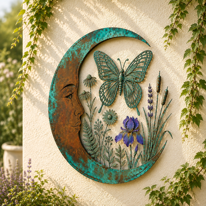 🌙Vægdekoration »Enchanted Moon Garden« – Vintage-inspireret metalvægdekoration med naturmotiver