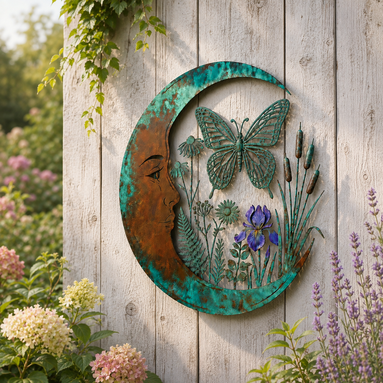 🌙Vægdekoration »Enchanted Moon Garden« – Vintage-inspireret metalvægdekoration med naturmotiver