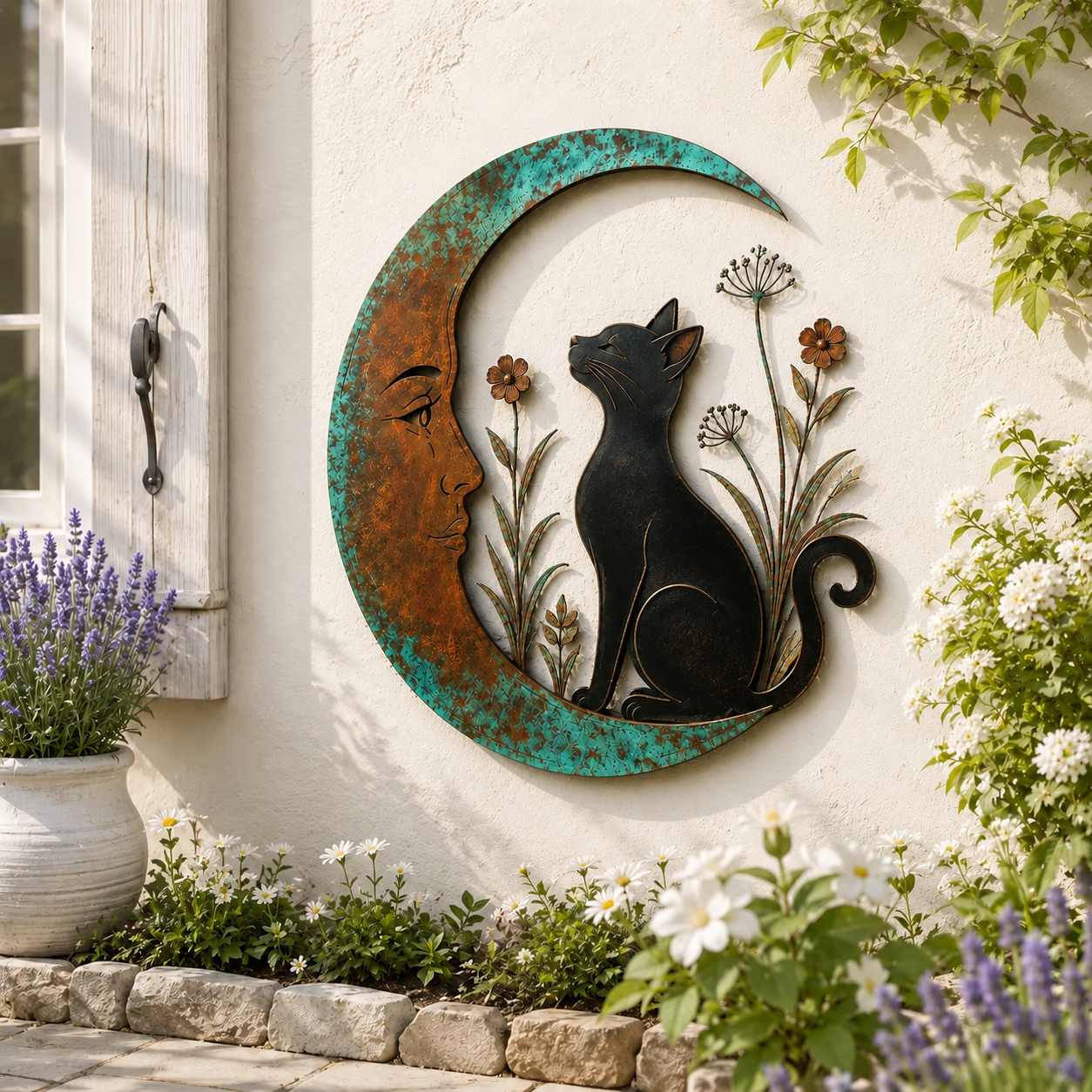 🌙Vægdekoration »Enchanted Moon Garden« – Vintage-inspireret metalvægdekoration med naturmotiver