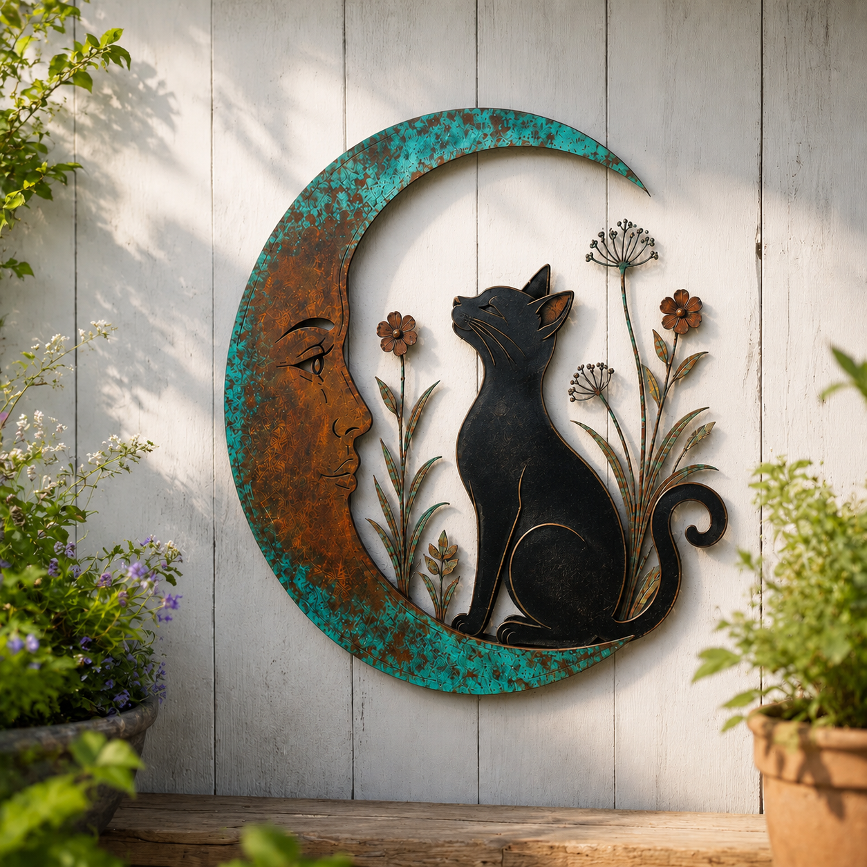 🌙Vægdekoration »Enchanted Moon Garden« – Vintage-inspireret metalvægdekoration med naturmotiver
