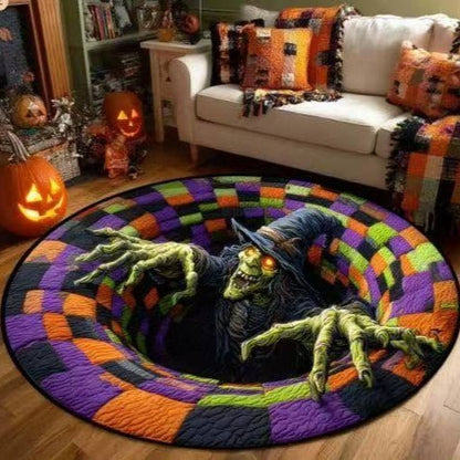 🎃3D-skelet-hvirvelmønstret, quiltet, rundt Halloween-tæppe