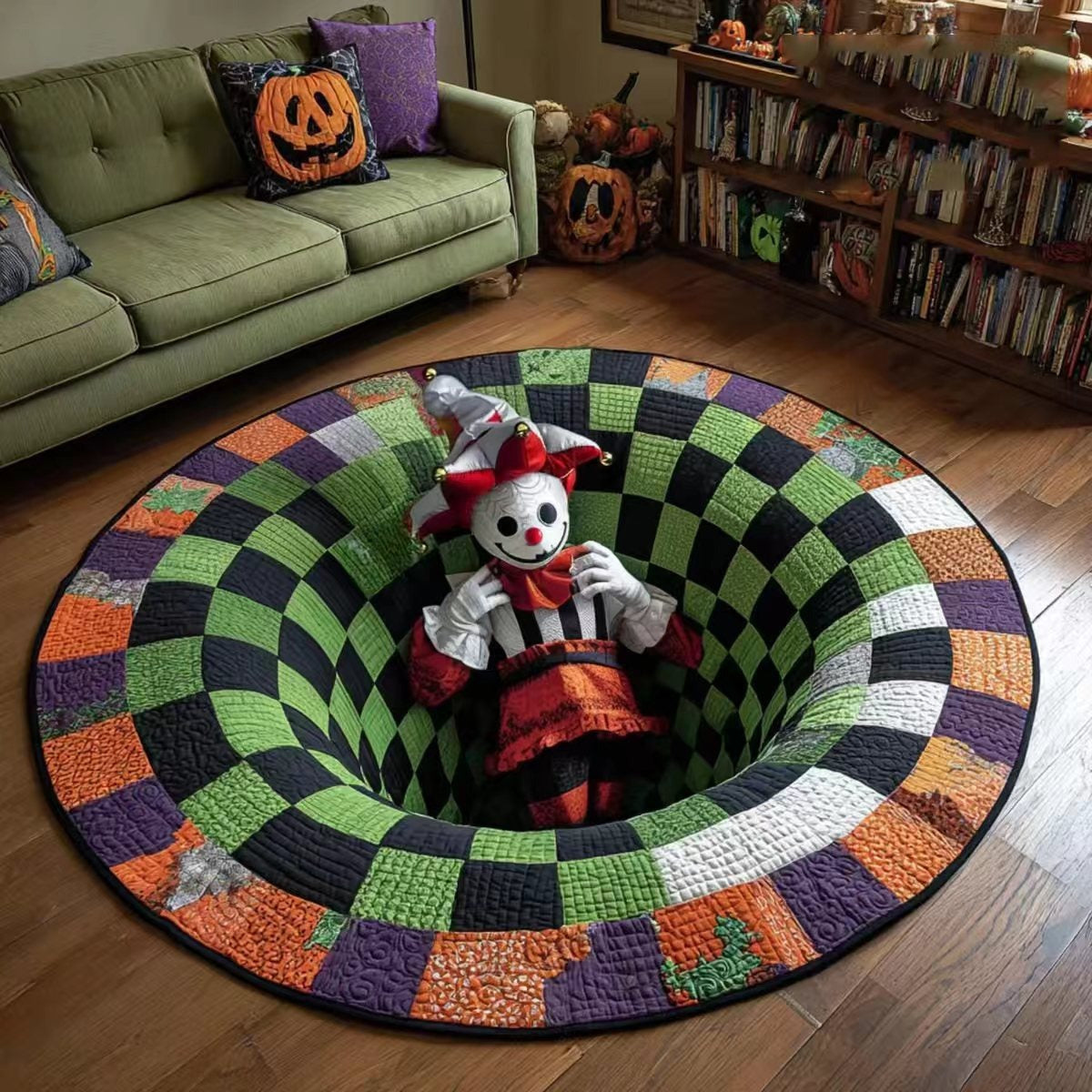 🎃3D-skelet-hvirvelmønstret, quiltet, rundt Halloween-tæppe