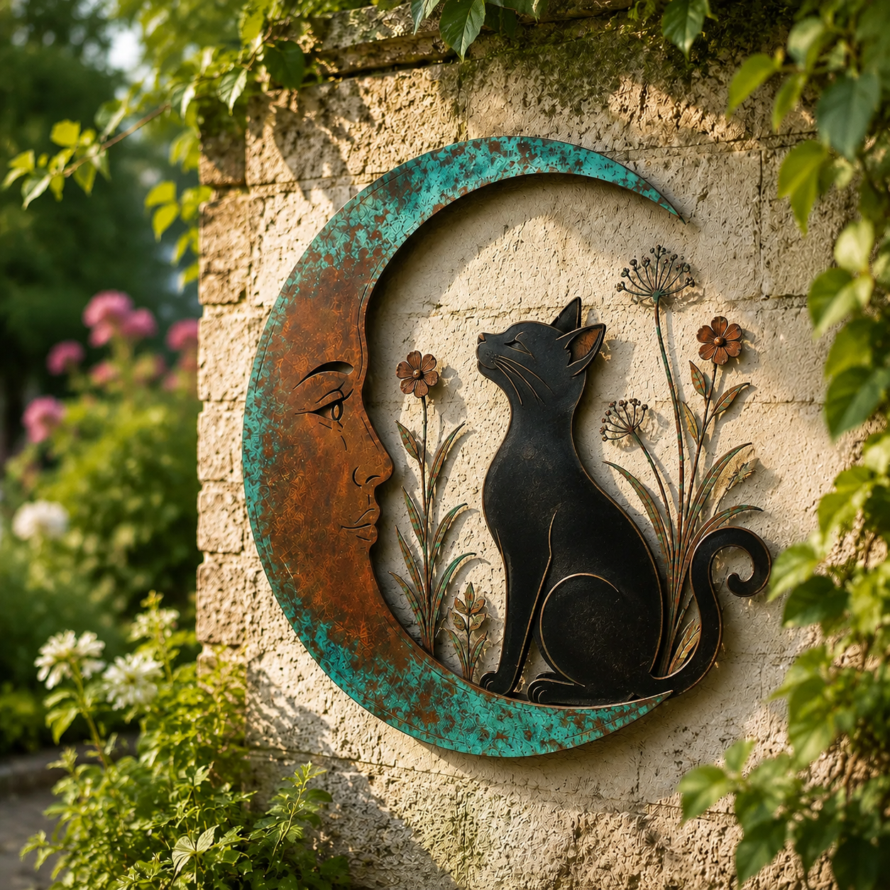 🌙Vægdekoration »Enchanted Moon Garden« – Vintage-inspireret metalvægdekoration med naturmotiver