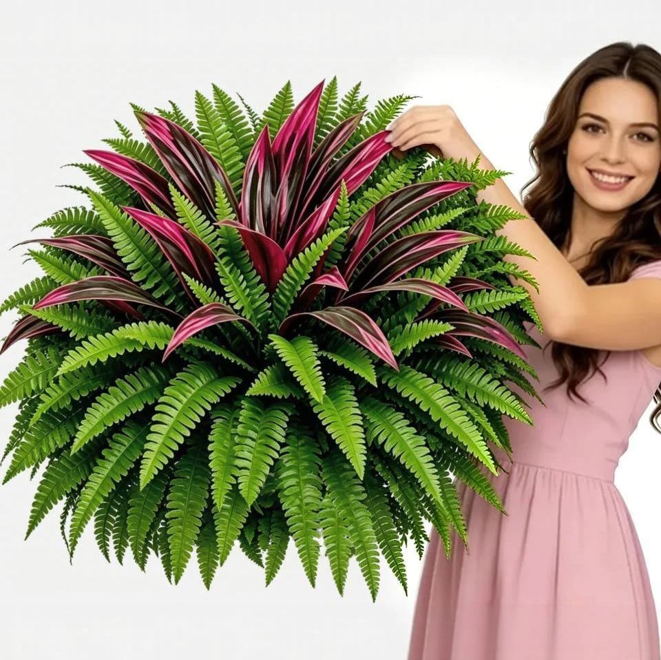 🌿 Naturtro kunstig bregne og rød dracaena: UV-bestandig udendørsplante! ✨