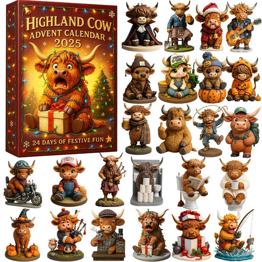 🐮Highland Cow-julekalender 2025🎄✨ - 3D håndlavet Highland Cow-dukke (24 stk.)