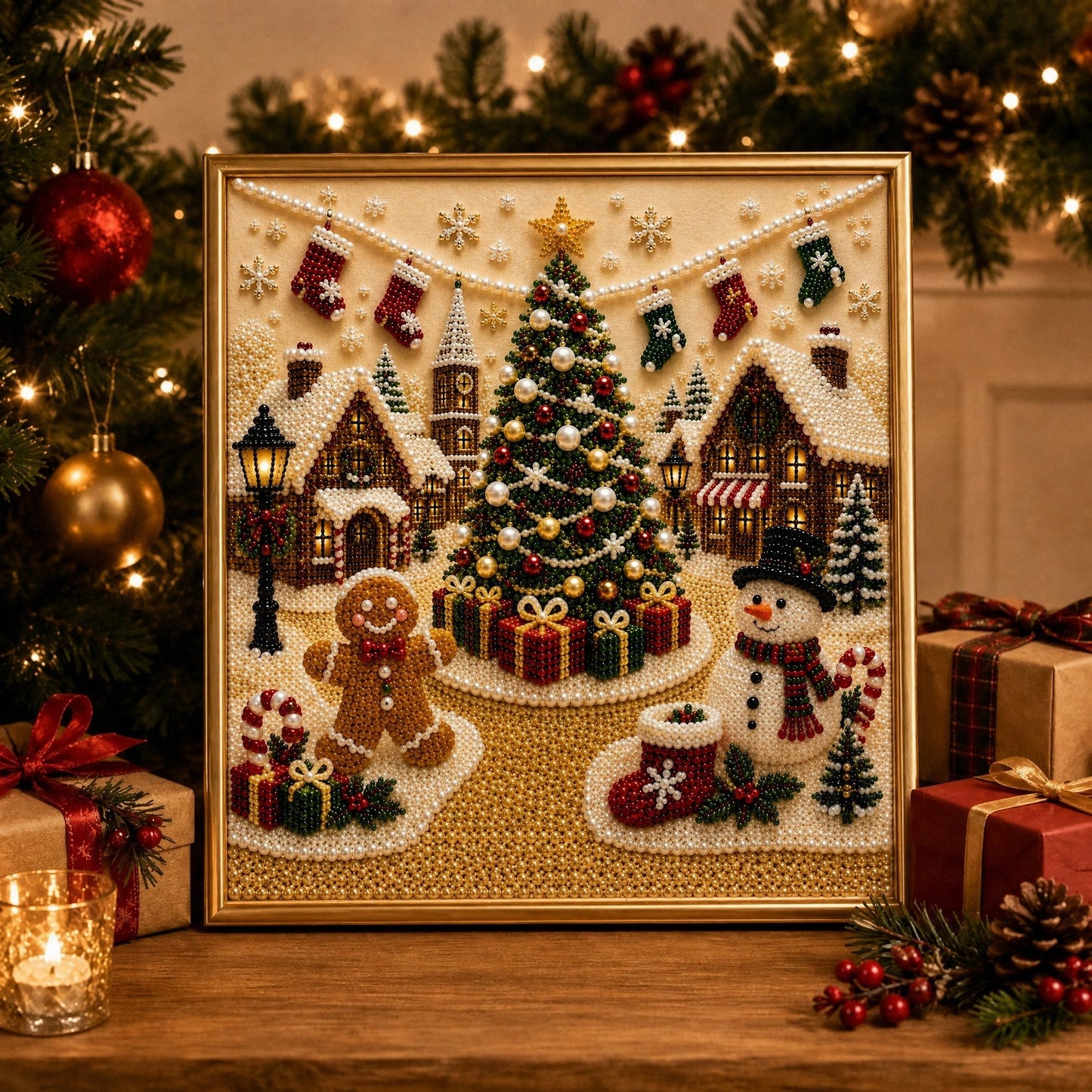 🎄🎅 Premium 3D-perle-julevægdekorationssæt | Luksuriøst flokket lærred med ridsefaste, farveægte perler – DIY-julepynt ⛄️❄️