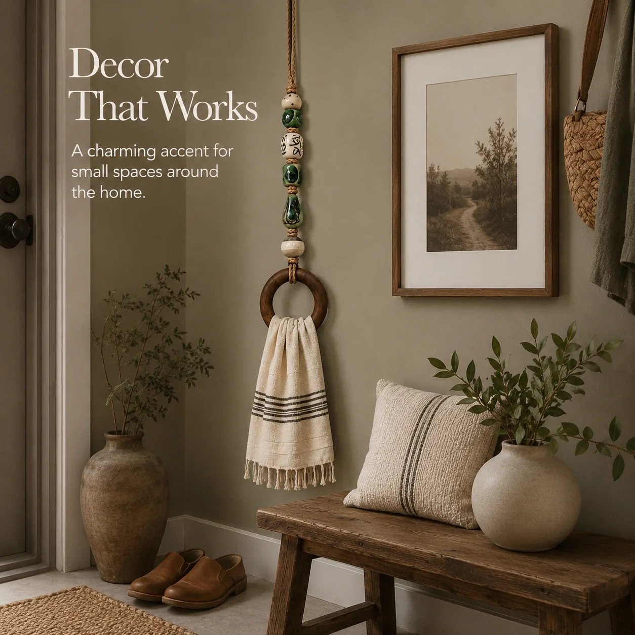 Dekorativ håndklædeholder med perler og træring