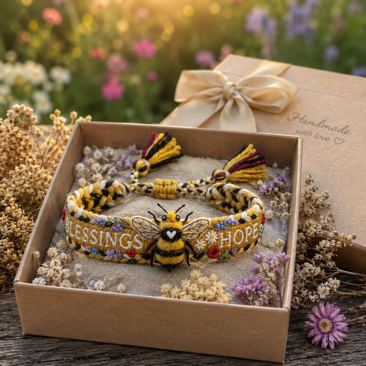 🌼Velsignelser & håb 🐝2026 Limited Edition – håndlavet armbånd med vævet bi-motiv