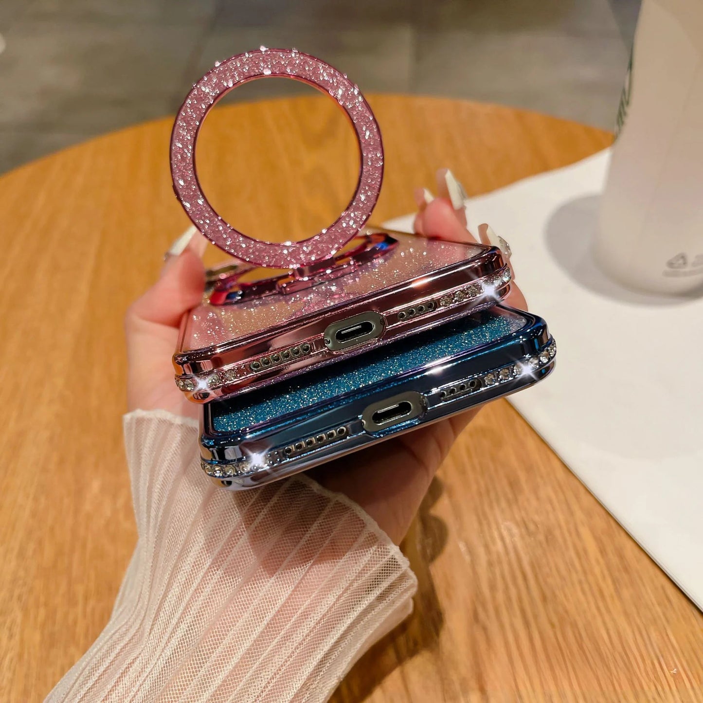 📲✨Gradient Glitter Holder Makeup Mirror Beskyttende etu