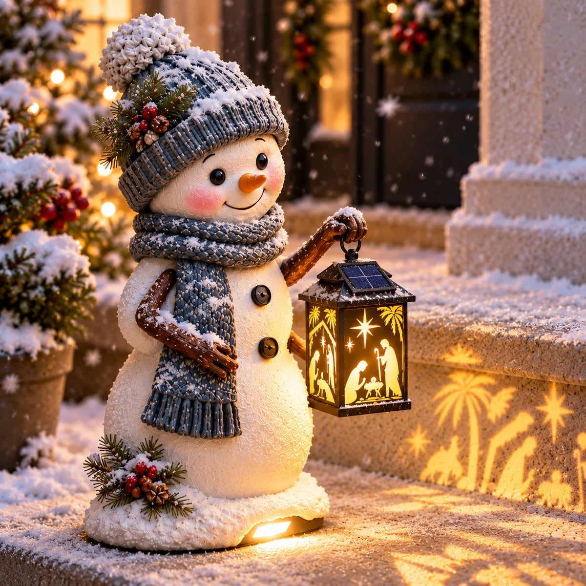 ⛄️🎄Snowman Nativity Glow™ – Solcelledrevet juletrappelygte med projektion af den hellige familie🌙