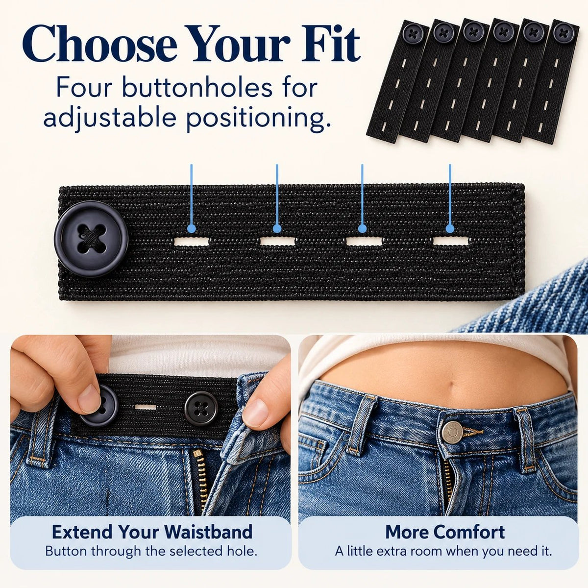 👖 Knapper til forlængelse af elastisk linning – justerbar pasform, sæt med 6 stk