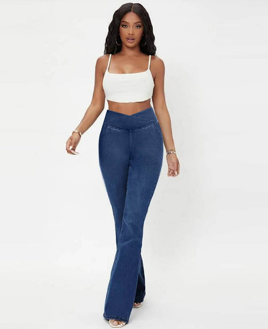 LAST DAY SALE 49% OFF🔥Høj talje med krydsede lommer Stretchy strikkede casual flare jeans