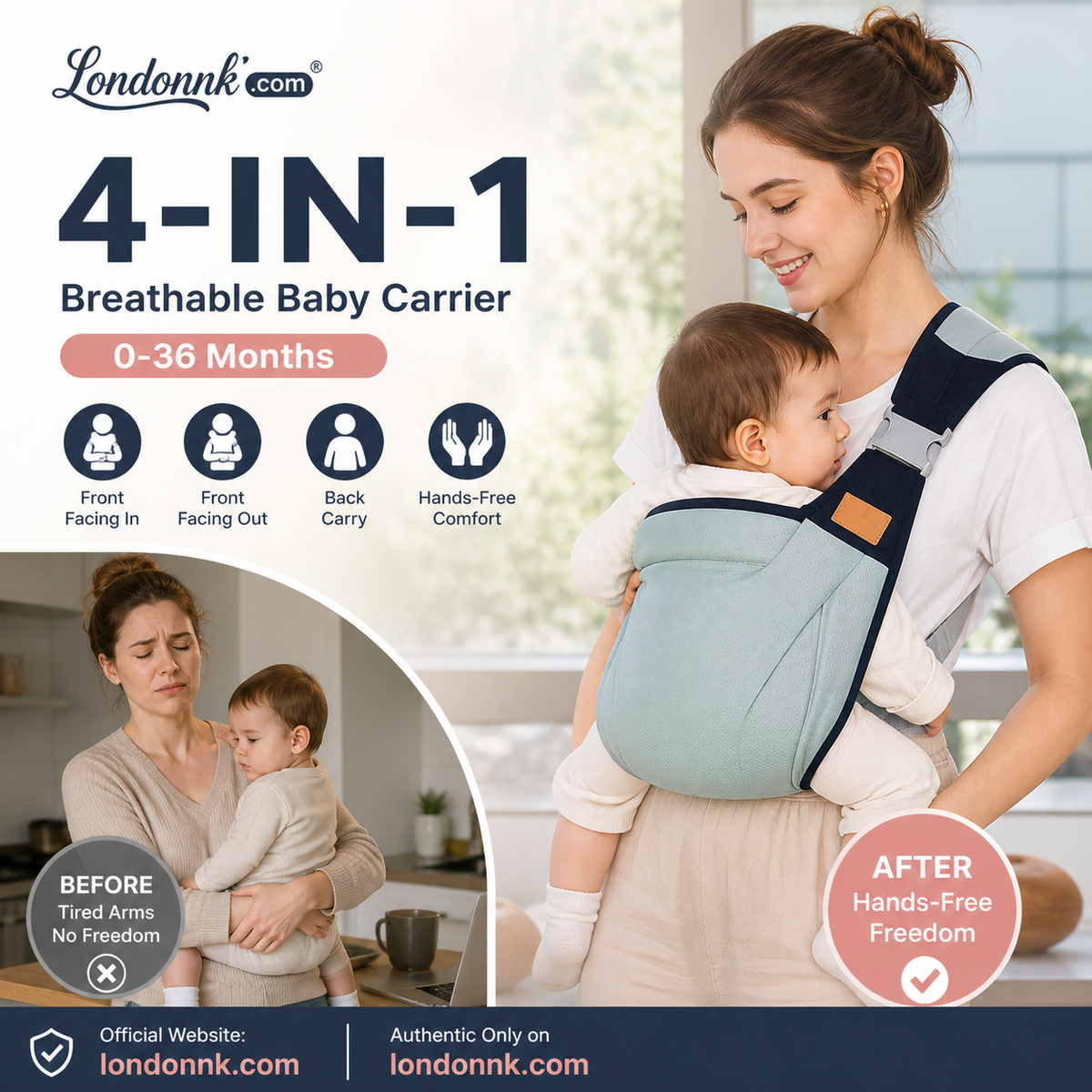 🎉 Udsalg 2026 — Over 30.000 solgt! 👶 4-i-1 åndbar bæresele – 0–36 måneder, foran/bagpå/med ansigtet indad/udad – håndfri komfort for forældre og baby! ✨