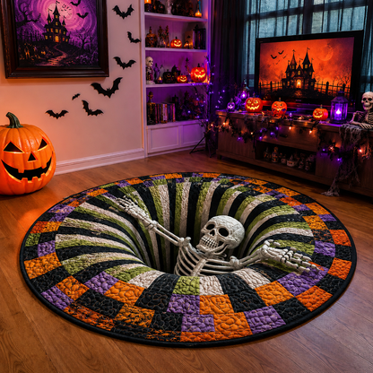🎃3D-skelet-hvirvelmønstret, quiltet, rundt Halloween-tæppe