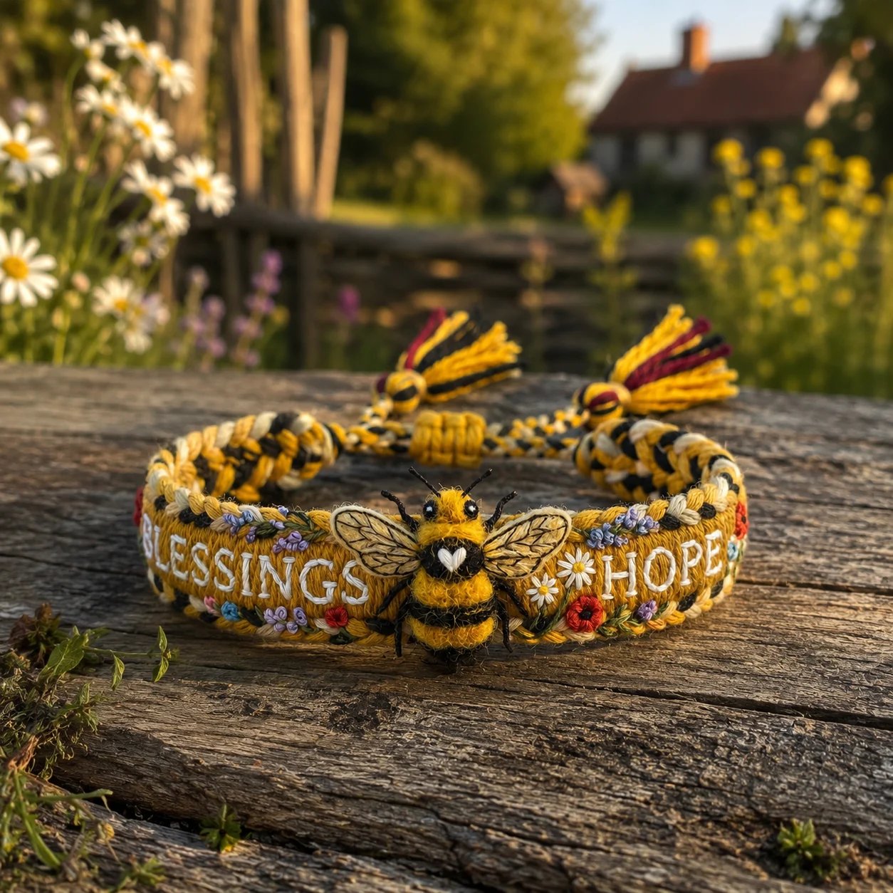 🌼Velsignelser & håb 🐝2026 Limited Edition – håndlavet armbånd med vævet bi-motiv