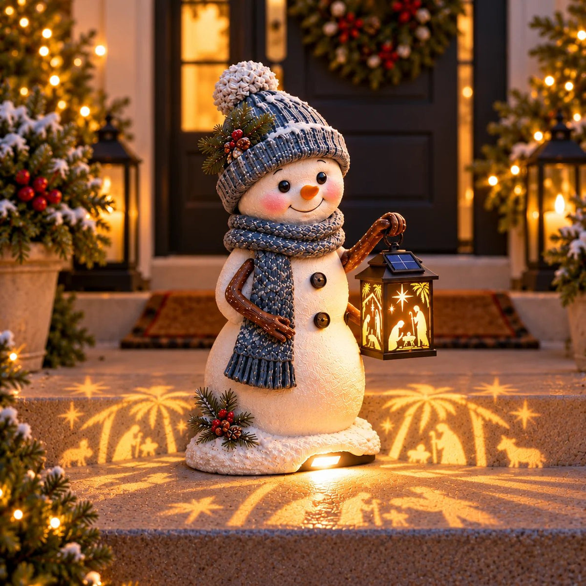 ⛄️🎄Snowman Nativity Glow™ – Solcelledrevet juletrappelygte med projektion af den hellige familie🌙