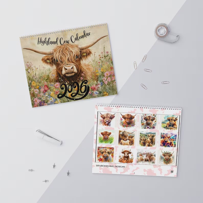 🐮Highland Cow Kalender 2026 – Rustik bondegårdsvægkunst og månedsplanlægger