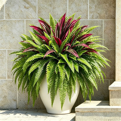 🌿 Naturtro kunstig bregne og rød dracaena: UV-bestandig udendørsplante! ✨
