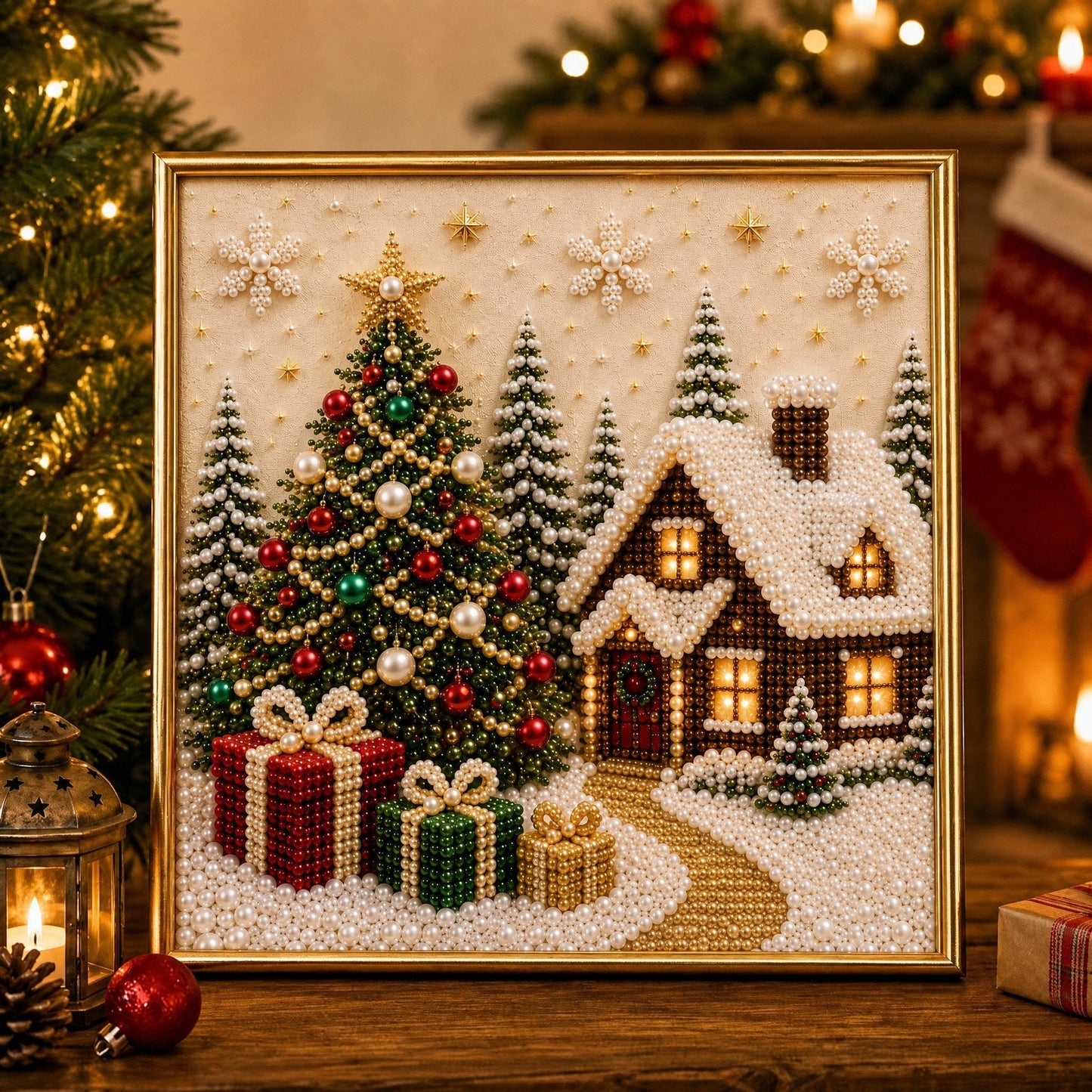 🎄🎅 Premium 3D-perle-julevægdekorationssæt | Luksuriøst flokket lærred med ridsefaste, farveægte perler – DIY-julepynt ⛄️❄️