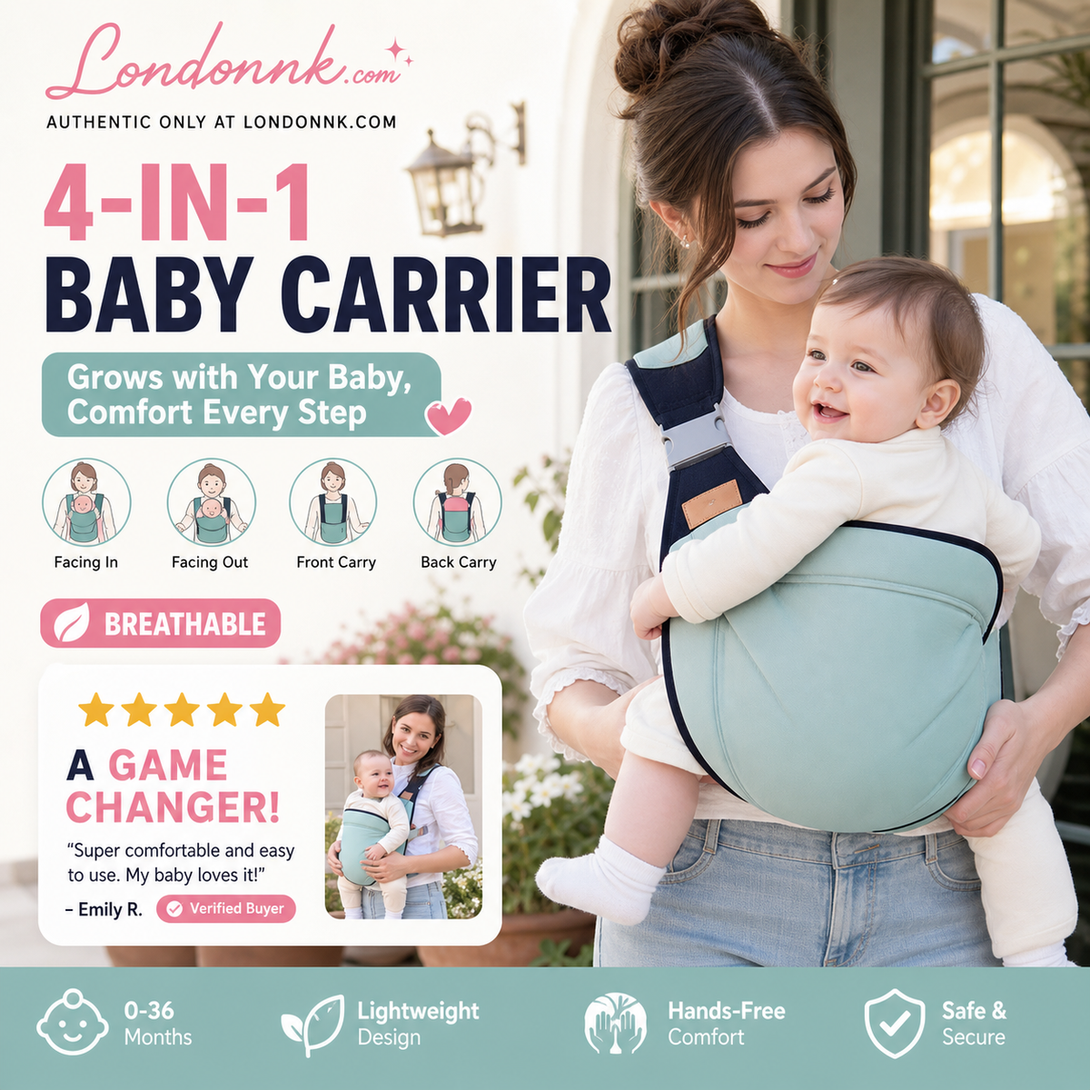 🎉 Udsalg 2026 — Over 30.000 solgt! 👶 4-i-1 åndbar bæresele – 0–36 måneder, foran/bagpå/med ansigtet indad/udad – håndfri komfort for forældre og baby! ✨