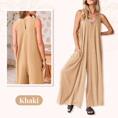 Jumpsuit til kvinder med V-hals og ærmer og brede ben