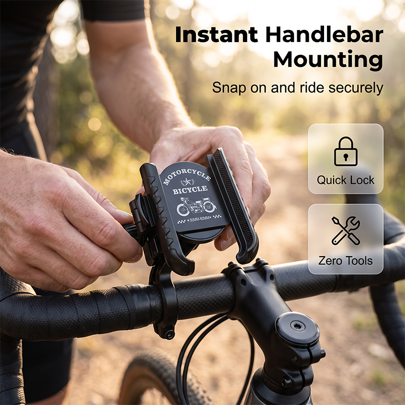 Cykelholder til mobiltelefon med hurtigudløser og sikker lås