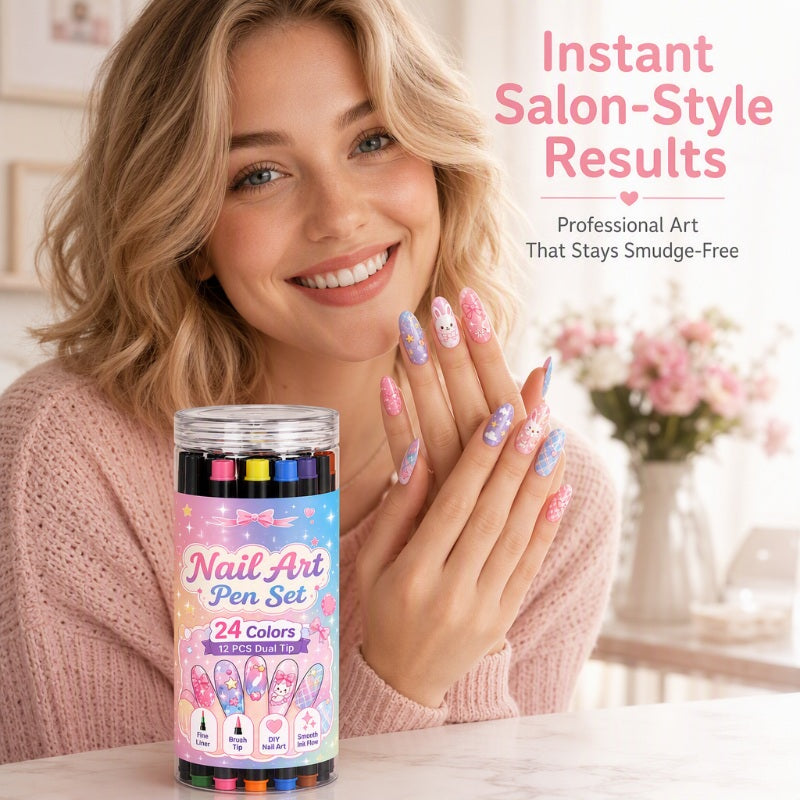 💅 50 % RABAT I BEGRÆNSET PERIODE! 💥 Sæt med 24 farver neglelakpenne med to spidser – kreative, i salonkvalitet, nemme at bruge selv ✨