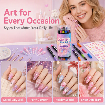 💅 50 % RABAT I BEGRÆNSET PERIODE! 💥 Sæt med 24 farver neglelakpenne med to spidser – kreative, i salonkvalitet, nemme at bruge selv ✨