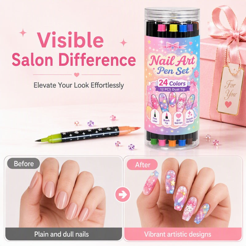 💅 50 % RABAT I BEGRÆNSET PERIODE! 💥 Sæt med 24 farver neglelakpenne med to spidser – kreative, i salonkvalitet, nemme at bruge selv ✨