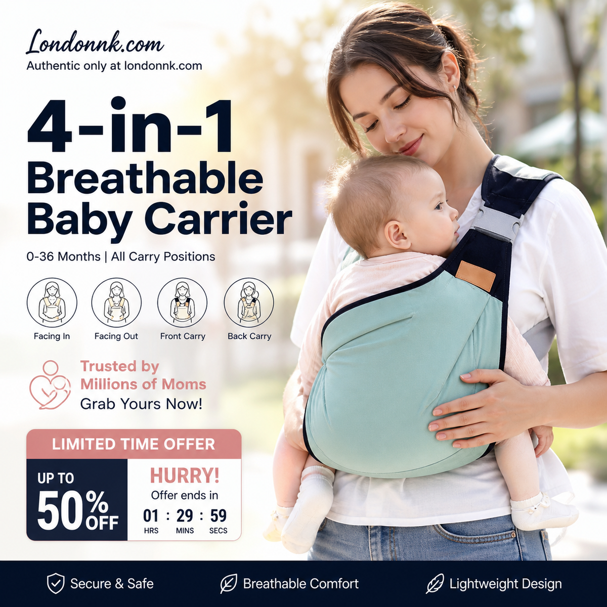 🎉 Udsalg 2026 — Over 30.000 solgt! 👶 4-i-1 åndbar bæresele – 0–36 måneder, foran/bagpå/med ansigtet indad/udad – håndfri komfort for forældre og baby! ✨